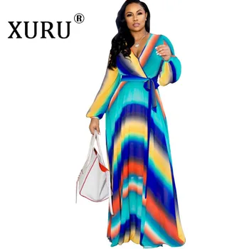 XURU Women Long Maxi Dress Floral Printed Long Sleeve V Neck Belted Chiffon Dresses Casual Beach Loose Dress Plus Size S-3XL-5XL 2