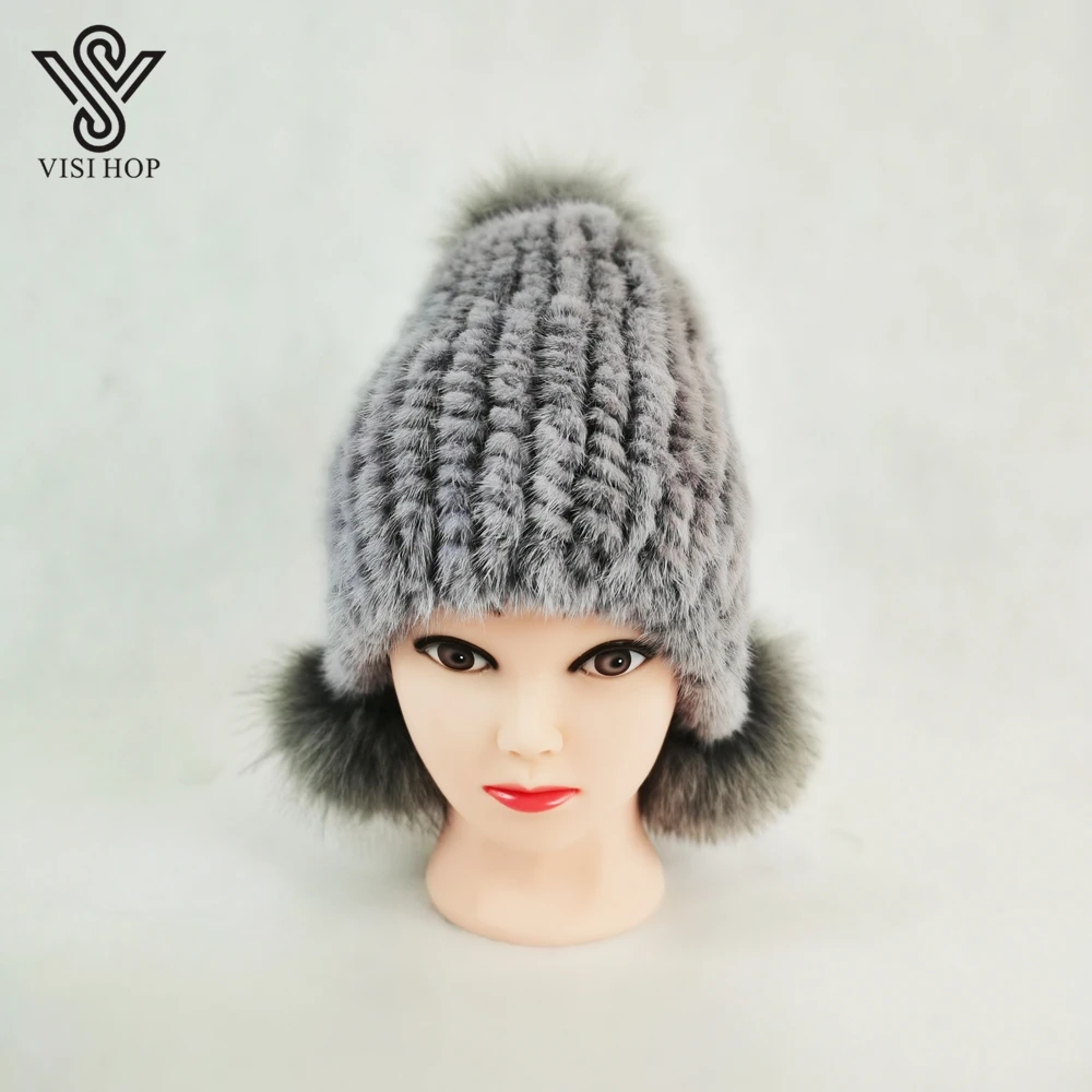 2020 Winter Women Real Mink Fur 3 Raccoon Pompom Ball Caps High Quality Hand Knitted Fashion Hats VS8301 | Аксессуары для одежды