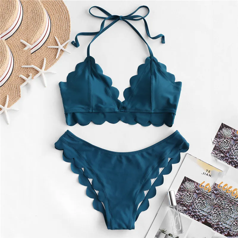 New 2021 Scalloped Mid Waist Bikini Female Swimsuit Women Swimwear Two-pieces Bikini set Halter Bathers Bathing Suit Swim wear black bikini set