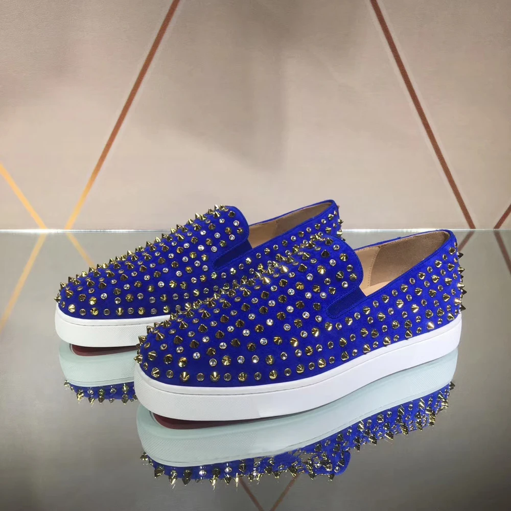 

Top Low Cut Leisure Blue Suede Leather Rhinestone Rivet Red Bottoms For Men Sports Shoes Sneakers Flat Loafers Footwear
