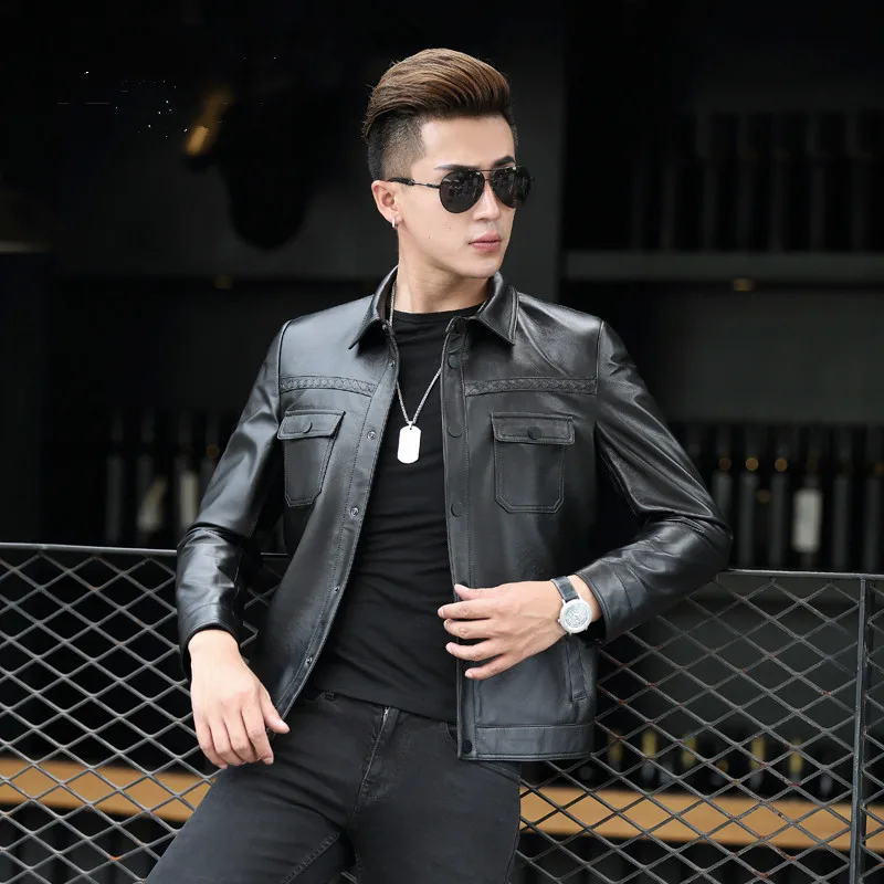 

Genuine Leather Bomber Jacket Men Sheepskin Leather Coats Short Slim Motocycle Outwear Plus Size 1705 MF418