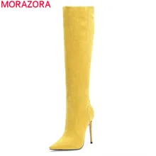 MORAZORA/; женские сапоги до колена с острым носком; осенне-зимние высокие сапоги из флока; женская обувь на очень тонком высоком каблуке; большой размер 45