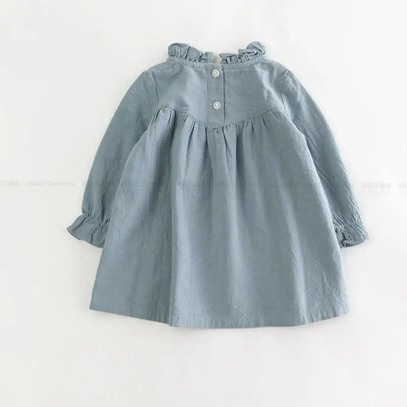 Autumn Long Sleeve Cotton Linen Children Sweet Pink Green Color Baby Children Kids Girls Dress Cute Clothes girls dress