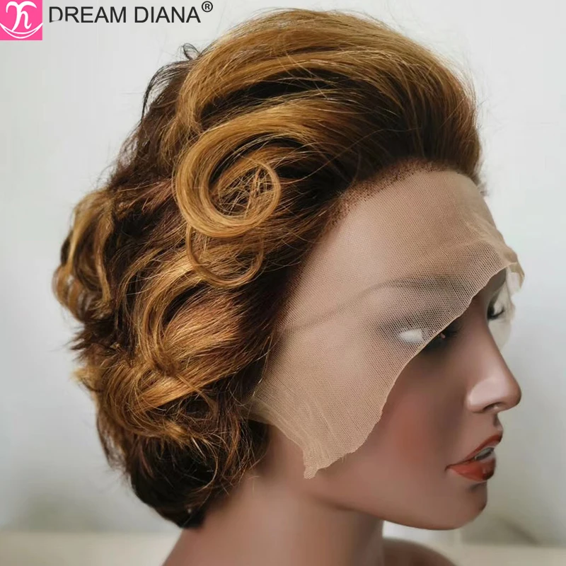 Human Hair Wig Lace Front Wigs DreamDianan Ombre Malaysian Wavy Wigs 13X4 Lace Frontal Short Pixie Cut Wig Ombre Curly Lace Front Wig Human Hair Water Wave