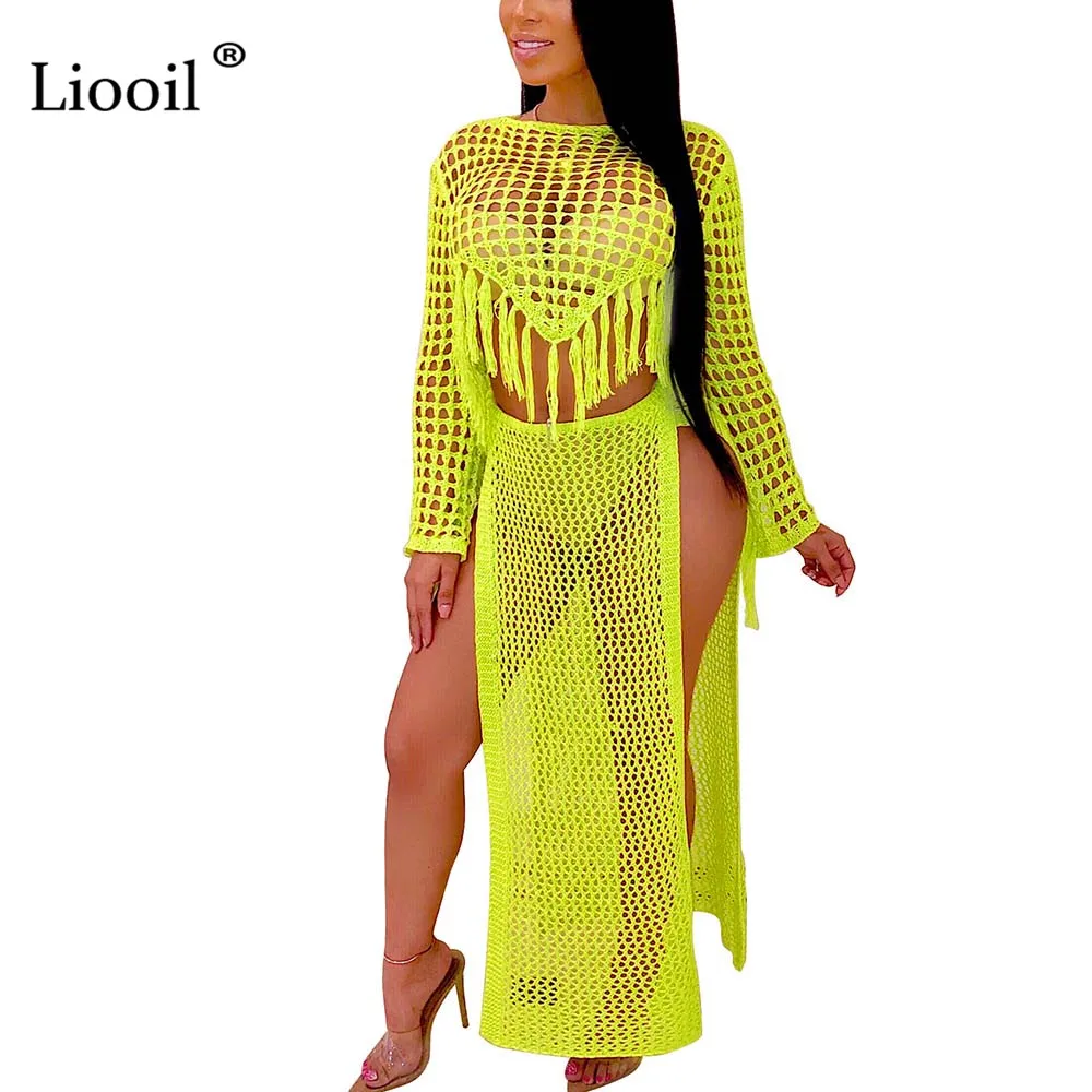 

Liooil Neon Mesh 2 Piece Tassel Slit Long Maxi Dress Sexy Clubwear 2019 Summer Beach Clothes For Women Party Dresses Night Out