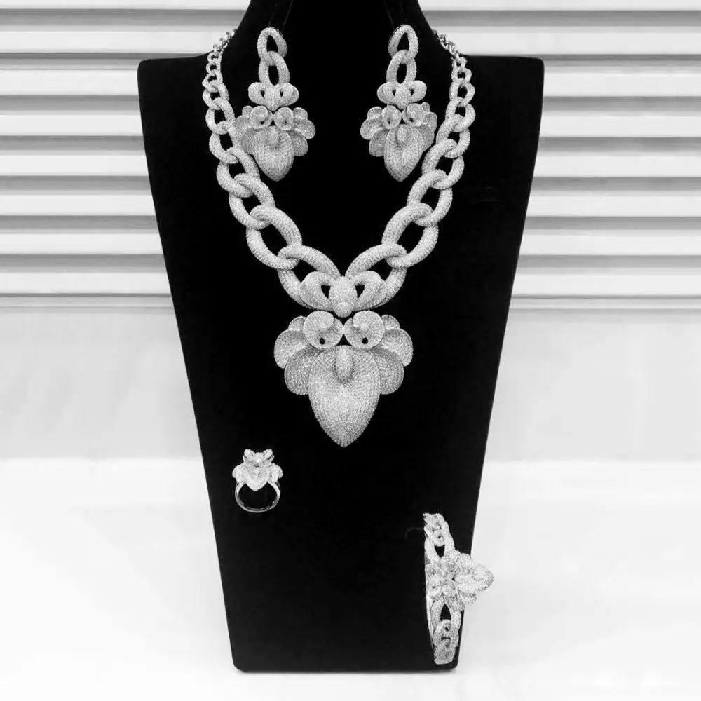 Godki роскошный массивное ожерелье и серьги браслет кольцо наборы для ухода за кожей ювелирные комплекты dubai для Для женщин кубический циркон Свадебный комплект ювелирных изделий - Окраска металла: Silver