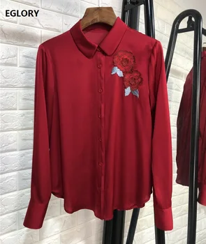 

Top Quality Silk Blouses 2019 Autumn Elegant Office Shirt Women Turn-down Collar Floral Embroidery Long Sleeve Red Grey Shirts