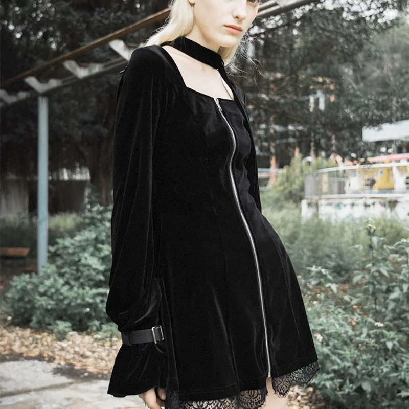 Черный вельветовый в готическом стиле платье женщин Кружева квадратный воротник с длинным рукавом на молнии платья