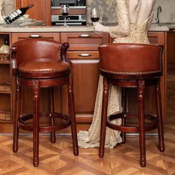 

European solid wood bar chair home American backrest high stool retro leather rotating bar chair