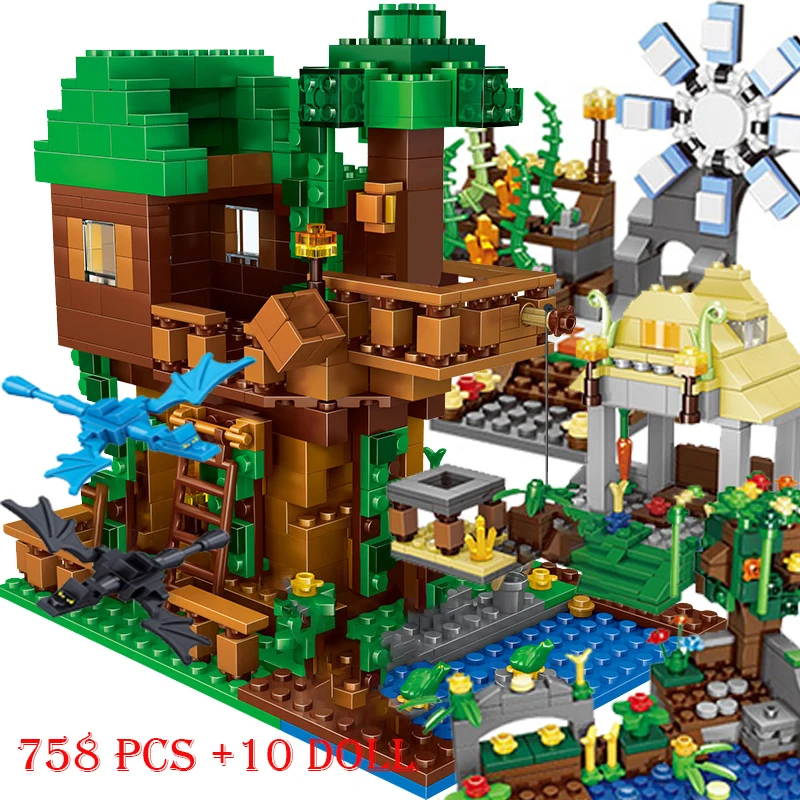 Blocs de construction My world, 1208 pièces, grotte de montagne, Village, cheval de guerre, maison, arbre, élévateur avec figurines, briques, jouets, cadeau pour enfants
