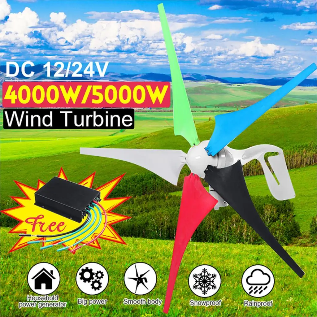 

4000W 5000W Wind Turbine/Generator 5 Blade 12V/24V Power Supply For Household Streetlight+ Wind Controller Mounting Accessories