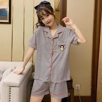 

Women Pajamas Sets Summer Short-sleeved Sleepwear Suit Thin Plaid Nightwear Loose Ladies Sweet Cute Home Wear Plus size Pajamas