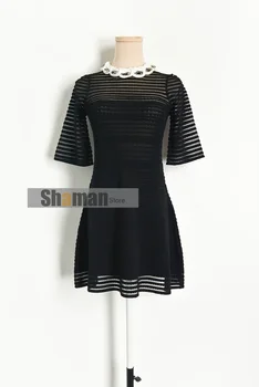 

women high end 2020 Summer New Socialite Twist round Neck Beaded Perspective Trumpet Sleeves Knitted MINI party Dress Female