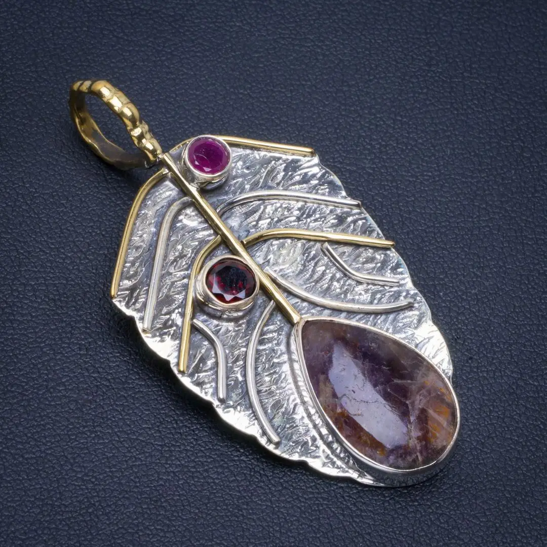

Natural Two Tones Cacoxenite&Garnet Handmade Leaf 925 Sterling Silver Pendant 2" B3394