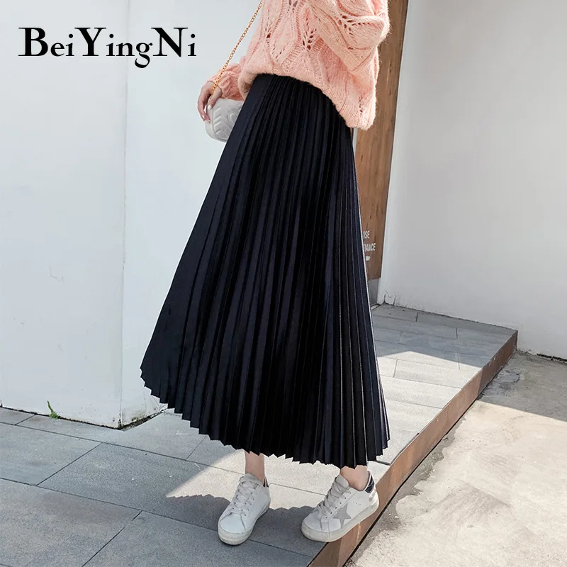 Beiyingni Skirt Korean Vintage Classic Temperament Casual Pleated Skirts Womens High Waist Fashion Autumn Pleuche Soft Midi Saia - Color: Black