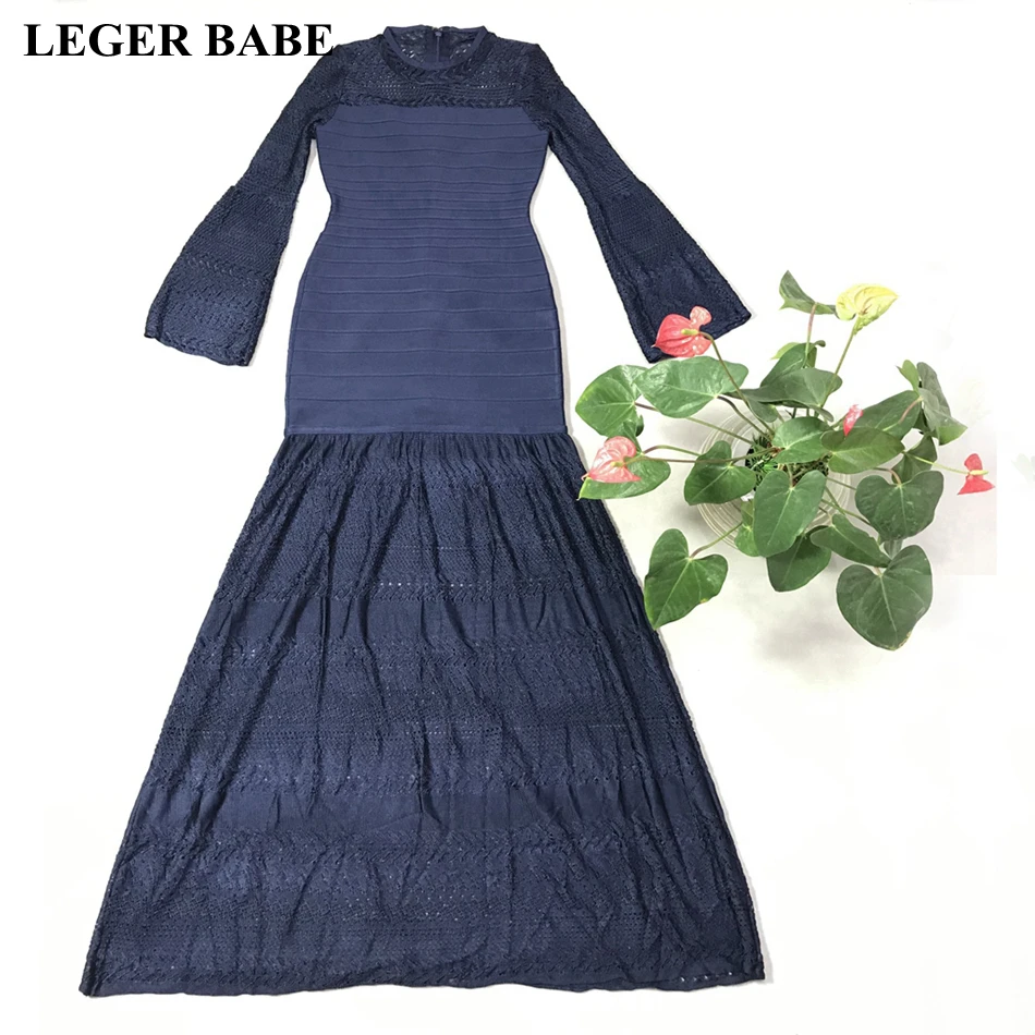 LEGER BABE осень Стиль с длинным рукавом район Бандажное платье Элегантное русалки длинное женское платье с кружевами в стиле знаменитостей вечерние платье HL