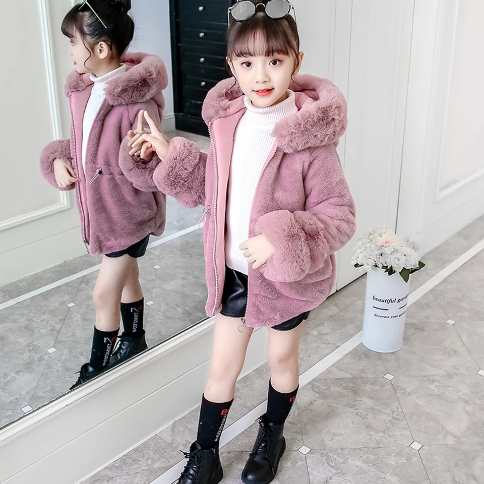 Kids Winter Coat for Girls Jacket Faux Fur Thick Warm Hooded Jacket Teenager Girls Outerwear Children Clothes 4-12 Year - Цвет: Фиолетовый