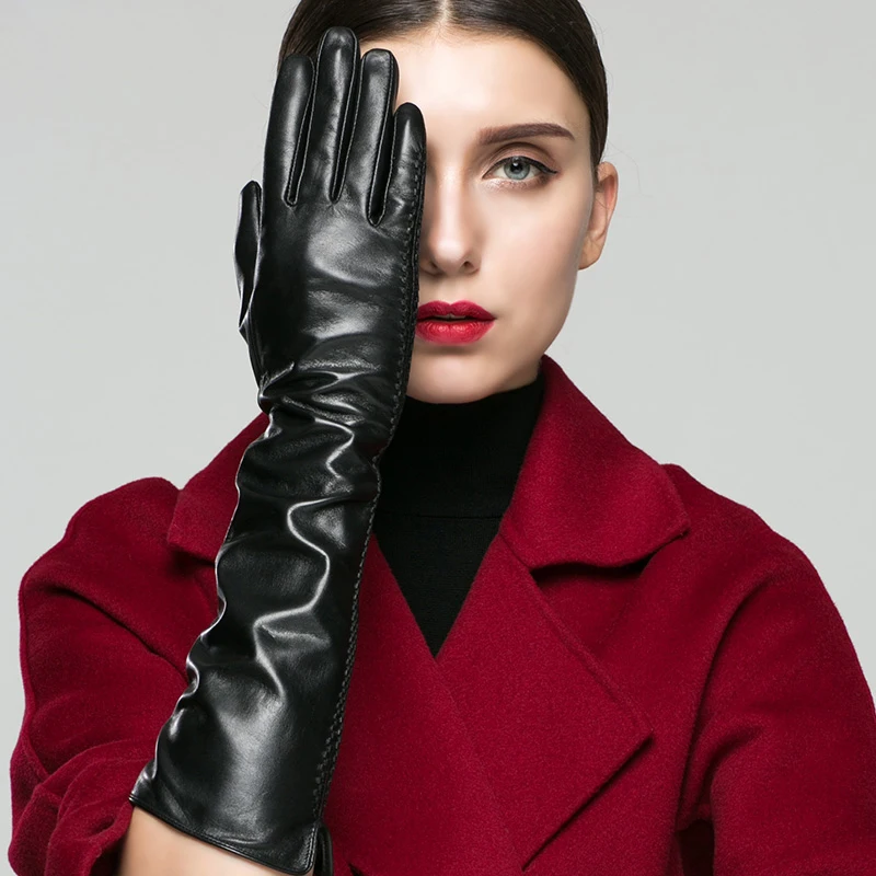 Настоящие кожаные женские перчатки длинный стиль сенсорный экран высокого качества козья кожа Зима утолщаются 40 см модные черные женские перчатки K22-45