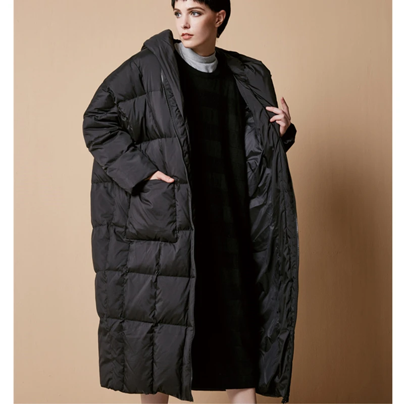 Длинный пуховик женский зимний модный большой размер свободный толстый кокон с капюшоном длинный рукав теплый пуховик Tide H00227 - Цвет: black