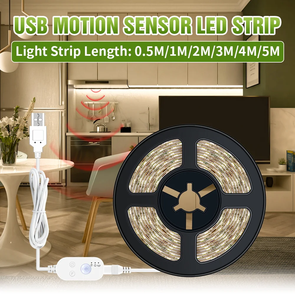 

USB Motion Sensing Strip Lights LED Flexible Tape Ribbon Dimmable 5V Waterproof Smart Auto On Off Lamp Strip For Wardrobe Stair