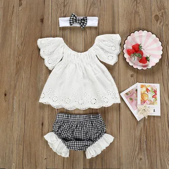 

3pcs Baby Girls Lace Off Shoulder Top Stripe Shorts Hairband Set Summer Clothes