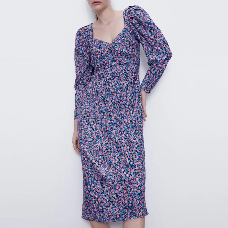 

ZA Floral Summer Dress Women 2020 boho dress Puff Long Sleeve front Ruching chic back vent party backless midi dresses woman