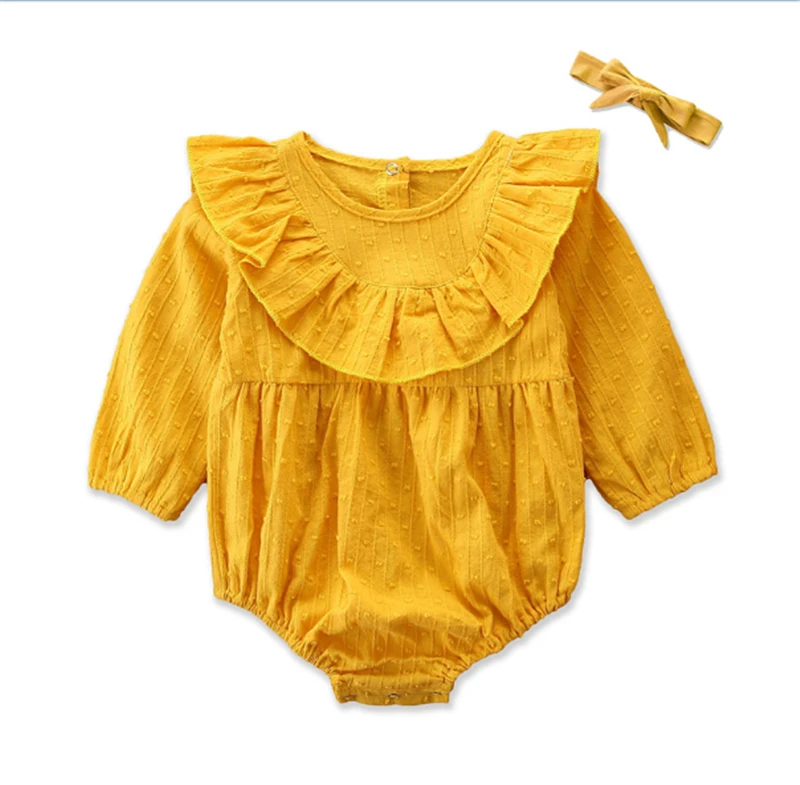 6-24Months 2 шт./компл. Одежда для новорожденных девочек с длинным рукавом из хлопка и льна комбинезон с желтыми оборками Детские комбинезоны