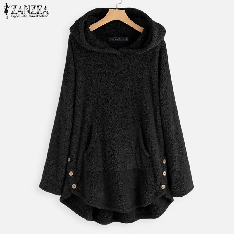

2019 Plus Size ZANZEA Autumn Sweatshirts Women Casual Hooded Long Sleeve Fleece Pullover Plush Fluffy Warm Jumper Femme Robe Top
