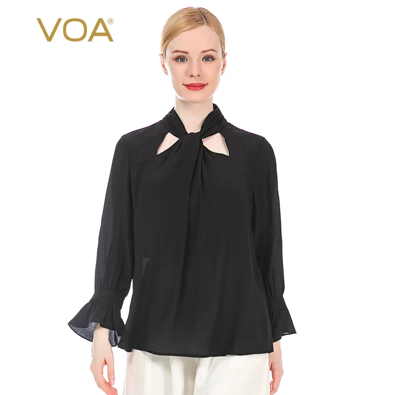 

Voa Silk Half-collar Horn Long Sleeve Pleated Multi-colored Loose T-shirt Bj09 Tshirt Women Befree Harajuku T Shirt