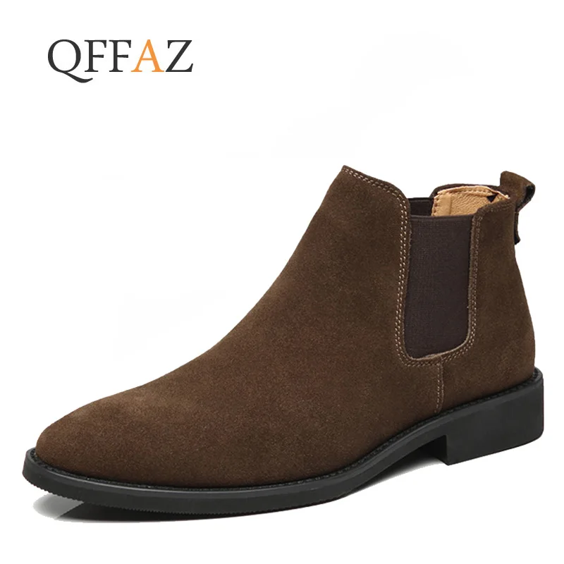 QFFAZ/модные зимние мужские ботинки Челси коричневые для отдыха без застежки из