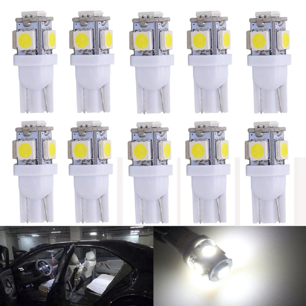 

10pcs T10 LED Bulb W5W 6000K White Super Bright 168 194 Car Wedge License Reading Dome Light Lamp Replacement DC 12V 5050 SMD