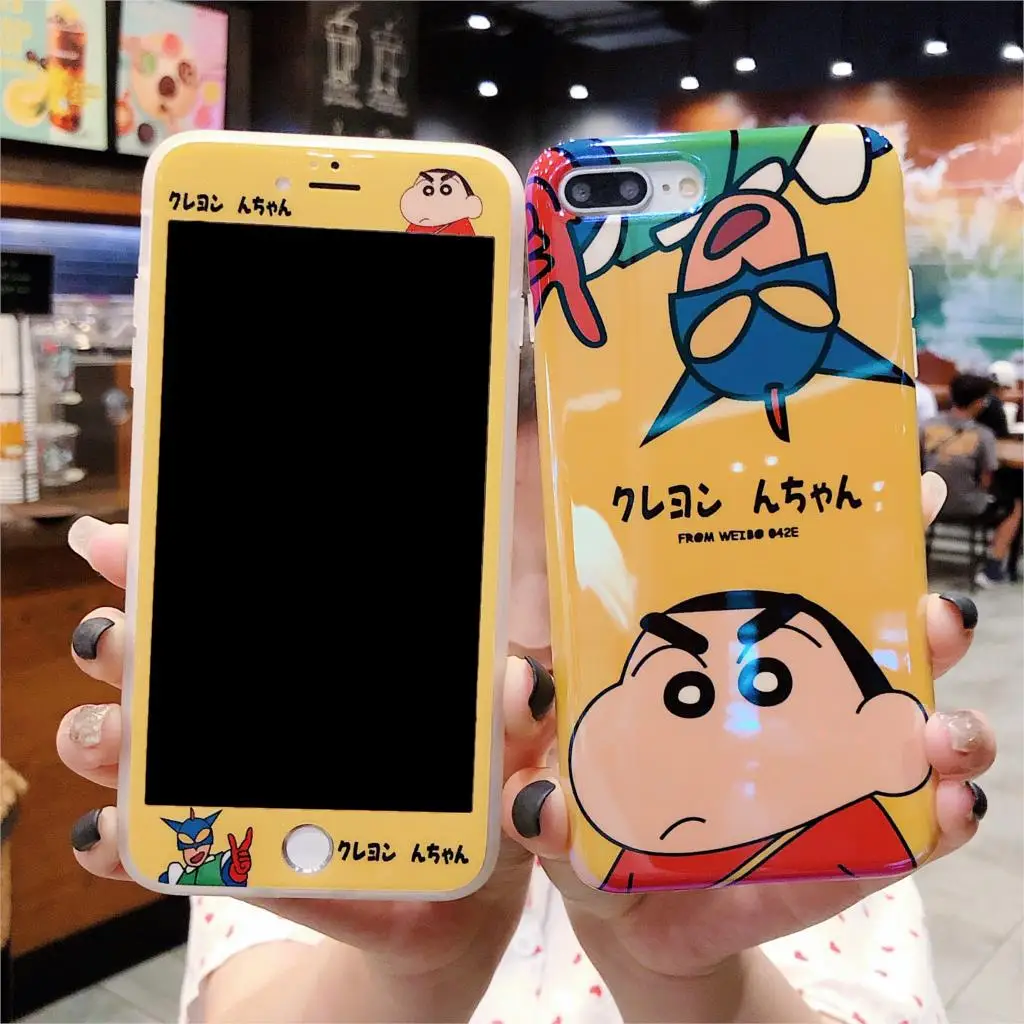 

Crayon Shinchan Pattern Phone Case for iPhone 6 6S 7 8 Plus XR X XS Max+3D Soft Edge Screen Protector Tempered Glass