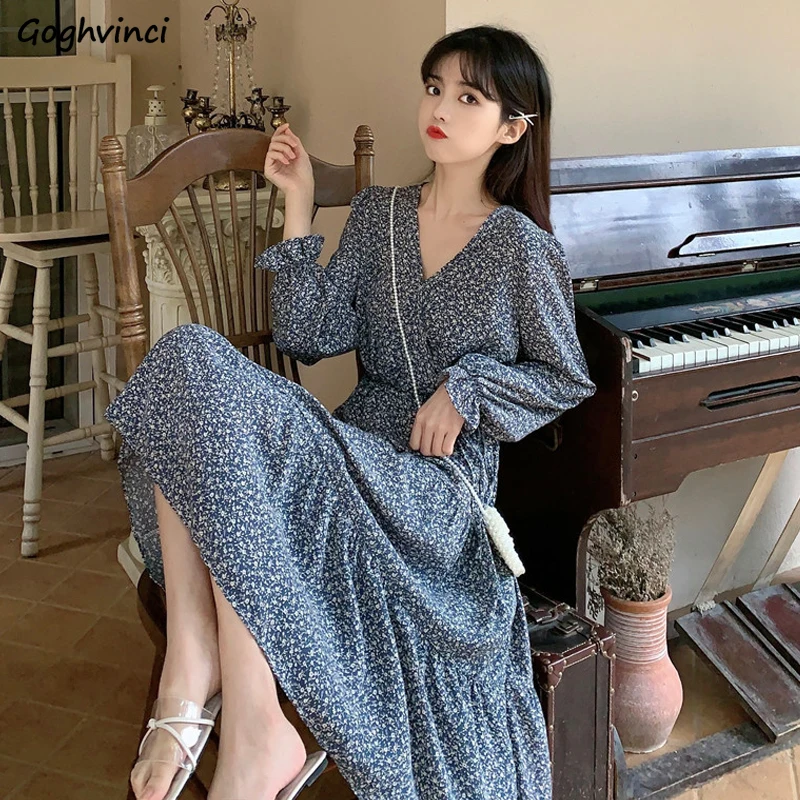 Long Flare Sleeve Dress Women V-neck Slender Floral Printed Korean Style Chic Sweet Ins Elegant Womens Spring A-line Vestidos Long Flare Sleeve Dress Women V-neck Slender Floral Printed Korean Style Chic Sweet Ins Elegant Womens Spring A-line Vestidos