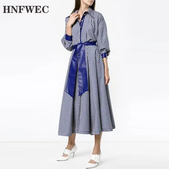 

2019 Fashion Autumn Bandage Bow Plaid Full Sleeve Turn-down Collar Loose Casual Big Size Simple Women's Dress E348