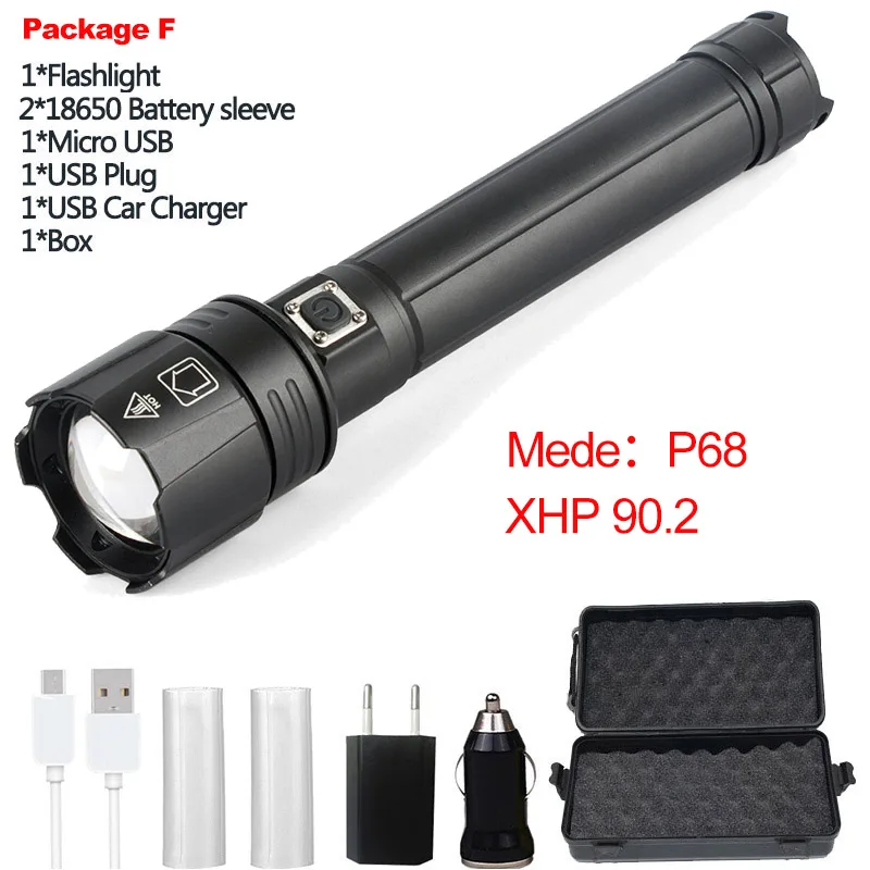 Package F XHP90.2 супер мощный Xlamp светодиодный вспышка светильник светодиодный фонарь USB XHP70.2 лампа зум тактический фонарь 18650 26650 Перезаряжаемые Battey светильник - Испускаемый цвет: Package F