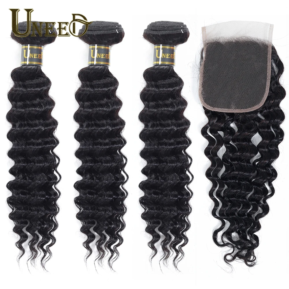 

Uneed Hair Peruvian Deep Wave 3/4 Bundles With Closure Human Hair Bundles With Lace Closure Remy Hair Weave Extensions 1b Color