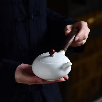 

New style White porcelain solid wood handle teapot Heat resistant Kung Fu tea set teapot Household drinking utensils WSHYUFEI