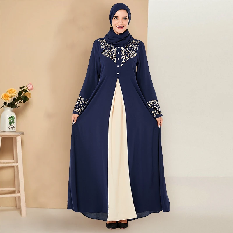 

Siskakia Vintage Ethnic Floral Embroidered Long Dress Muslim women High Waist Swing Full Sleeve Dresses Fashion Blue Color Block