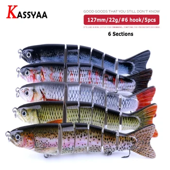 

5pcs/Set Jointed 6 Sections Minnow Lures 127mm 22g #6 Fishhooks Plastic Lifelike Sections Crank Bait Isca Wholesale Fishing Lure