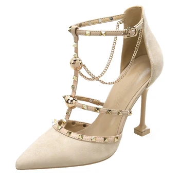 

Summer 2019 New Wild Sandals Female Stiletto Heels Sexy Pointed Baotou Word Buckle With Rivets