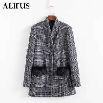 

Fashion Za Women Gray Plaid BlazerArtificial Fur V Collar Single Breasted Loose Office Lady Suit Long Sleeve Casual Coat