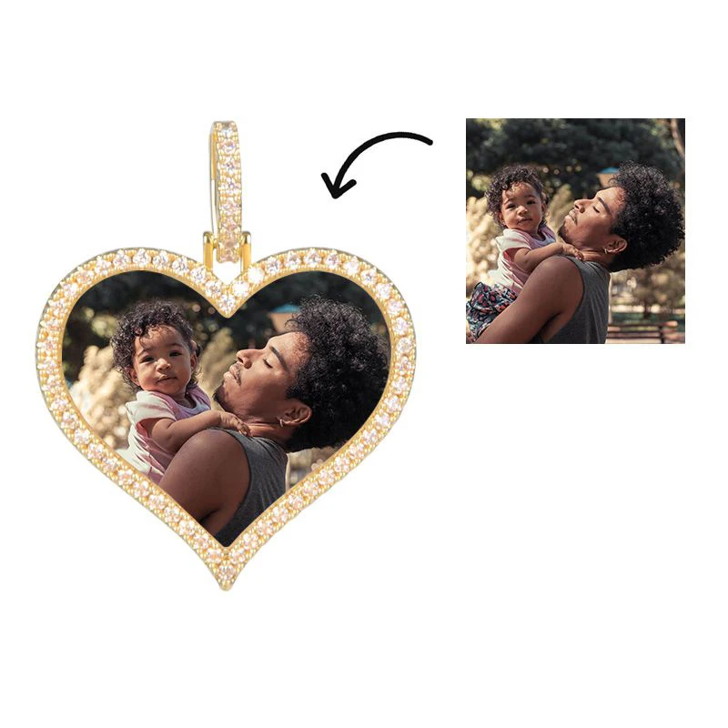 

Custom Iced Heart Shape Photo Necklace & Pendant in Gold With 4 Mm Tennis Chain Aaa Cubic Zircon Men Hip hop Jewelry Necklace