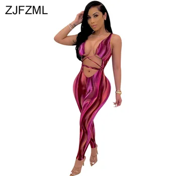 

Waist Band Cut Out Sexy Bodycon Jumpsuit Women Deep V Neck Sleeveless One Piece Overall Summer Night Club Party Print Catsuit