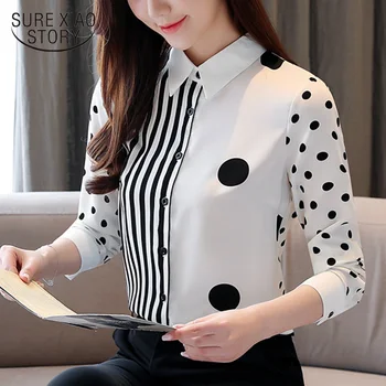 

2020 Chiffon Spring Fashion New Ladies Tops Women Shirts Blouses Long Sleeve Wave Point Stripes Splice Cardigan Clothing 8527 50