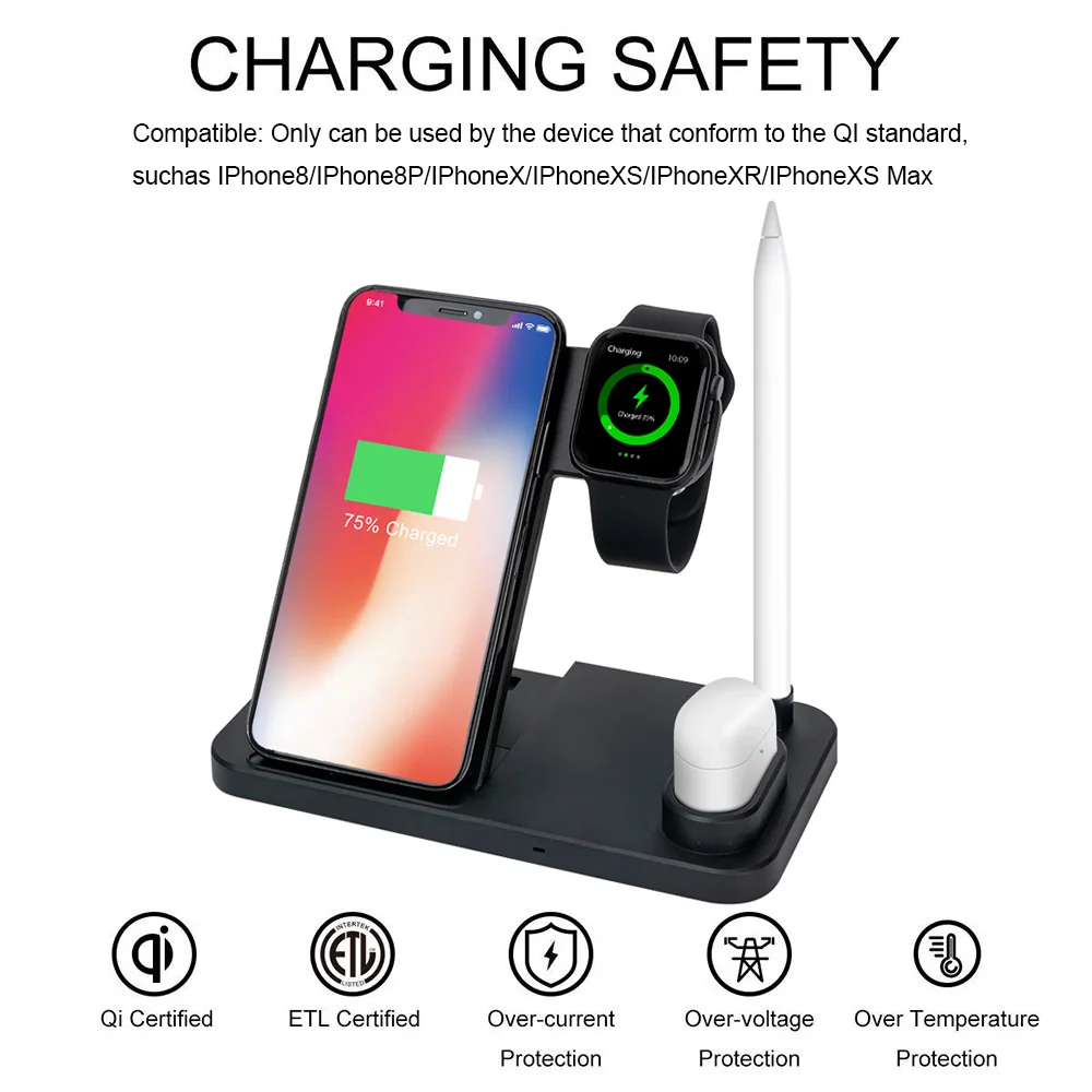 Беспроводное зарядное устройство Qi 4 в 1 10 Вт для iWatch Series 3 2 AirPods Быстрая Зарядка Apple