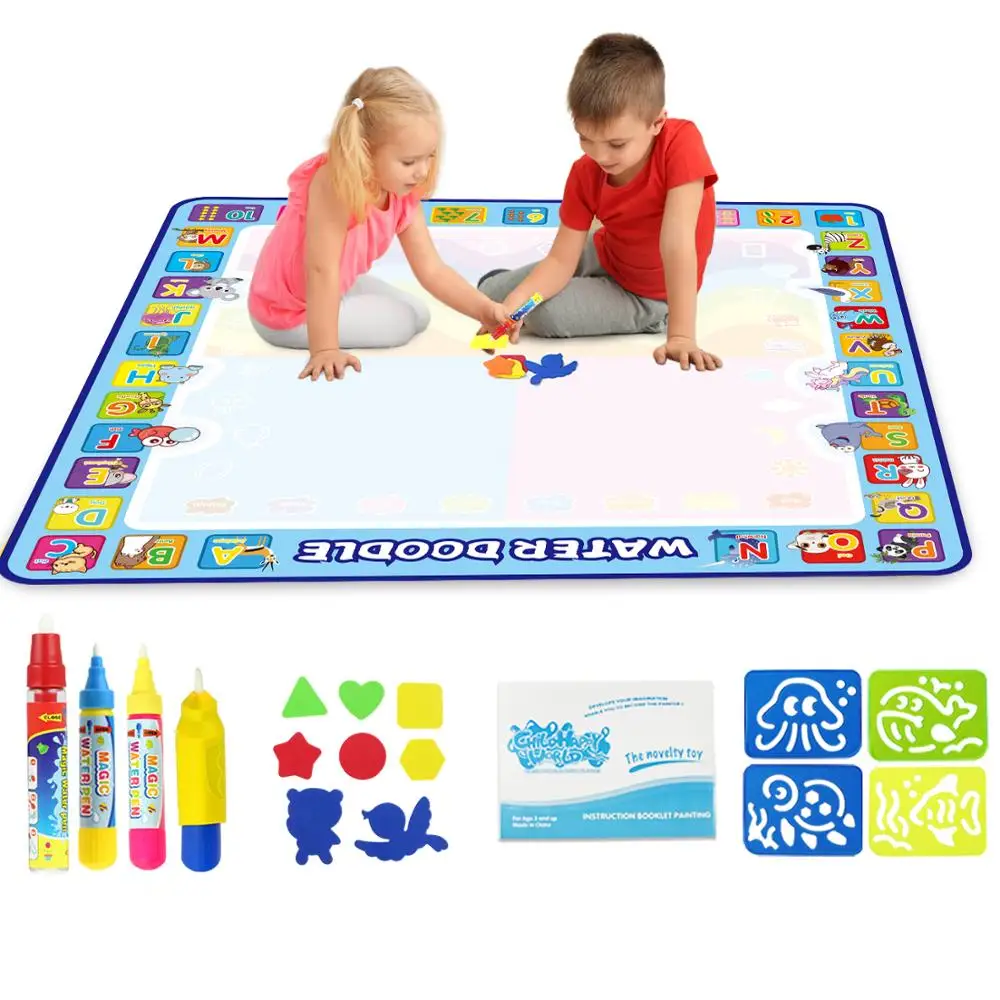

100x100cm Magic Water Drawing Mat Doodle Mat & 4 Drawing Pens & 1 Stamps Set Painting Board Educational Toys for Kids Xmas Gift