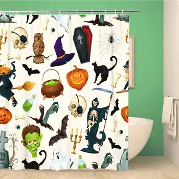 

Bathroom Shower Curtain Halloween Pumpkin Candle Lantern Witch Broom and Hat Polyester Fabric 60x72 inches Waterproof Bath
