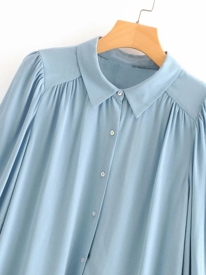 Women Elegant Casual Solid Blouses Long Sleeve Stylish Pleated Blue Blouse Ladies Office Turn Down Collar Shirt Tops