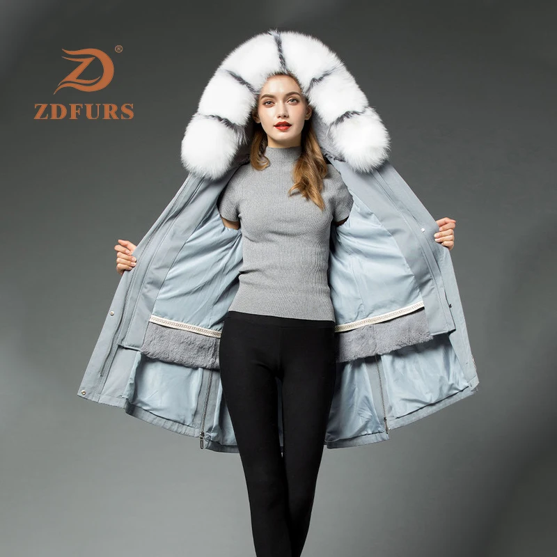 ZDFURS* настоящий мех кролика Парка женская зимняя куртка натуральный Лисий мех с капюшоном пальто натуральный мех куртка для женщин натуральный мех пальто