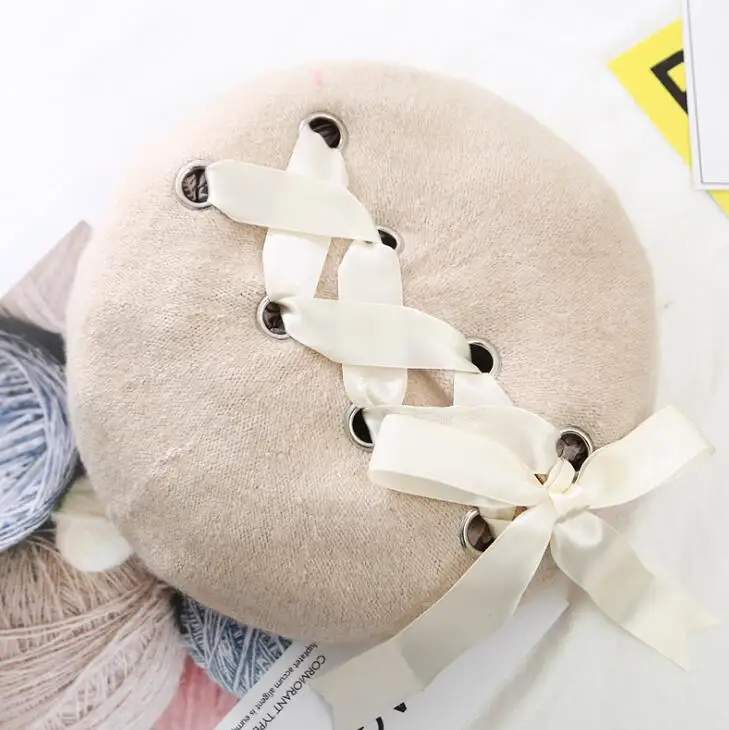 Harajuku женский бант лента мягкий берет шапка для Одежда для девочек Элегантный Пушистый плющовый береты
